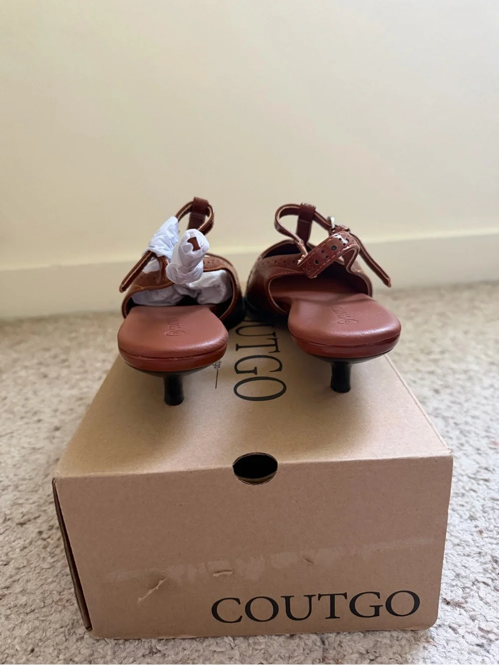 Brown T-Strap Slingback Kitten Heels Pointed Toe Brogue Shoes Size 8 - Picture 4 of 6